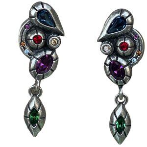 Patricia Locke Multi Crystal Dangle Earrings Silver-Tone Metal Vintage